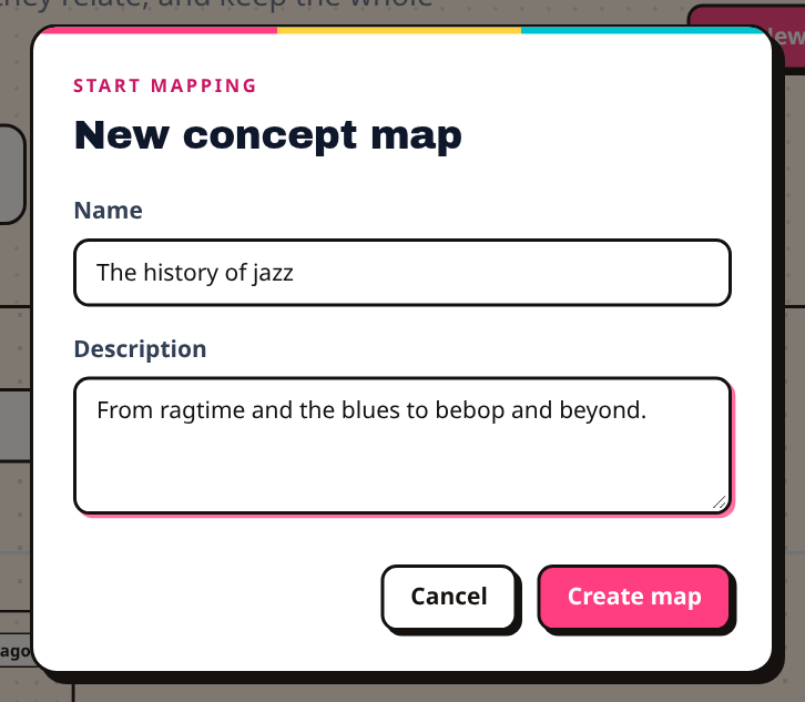 The New concept map window, with the name "The history of jazz" and a short description filled in