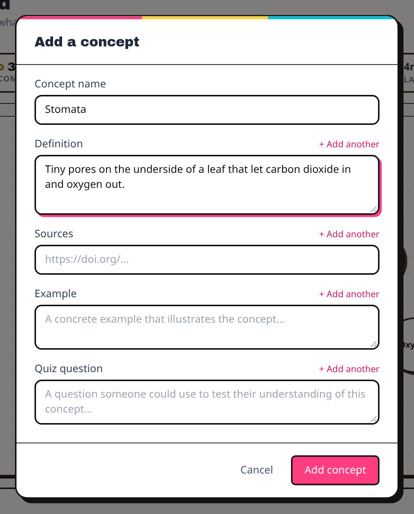 The Add a concept window, with the name "Stomata" and a definition filled in