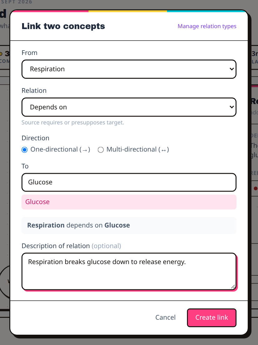 The Link two concepts window, linking Respiration to Glucose with the relation "Depends on"