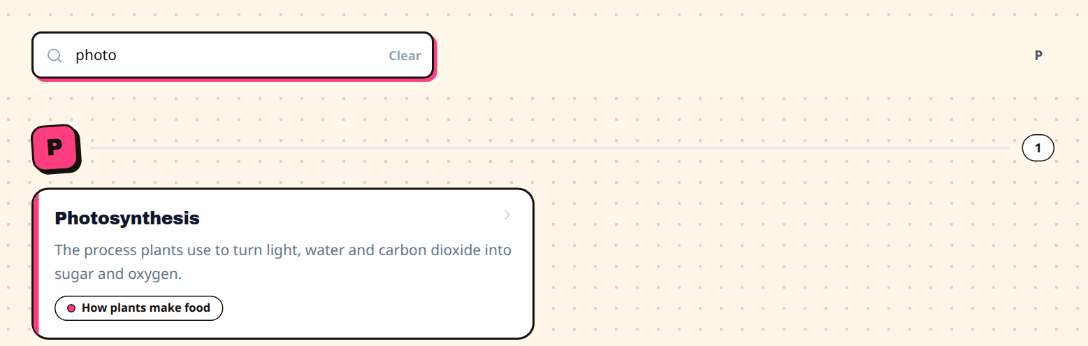 The Concept dictionary, showing the search "photo" and the matching concept Photosynthesis
